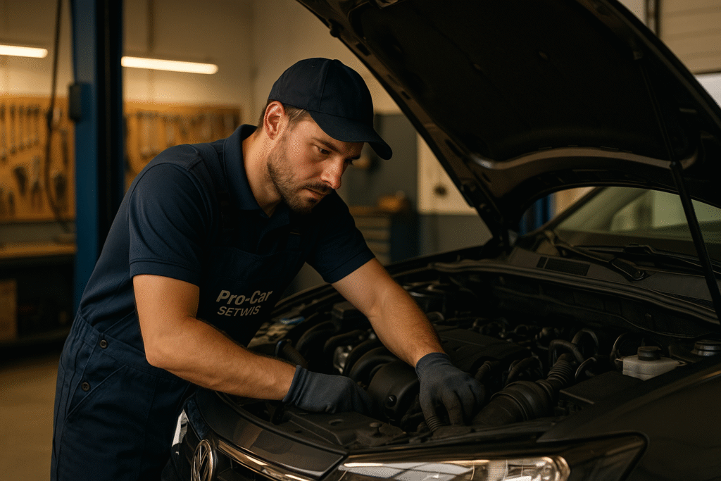 Mechanik w warsztacie Pro-Car Serwis podczas przeglądu auta