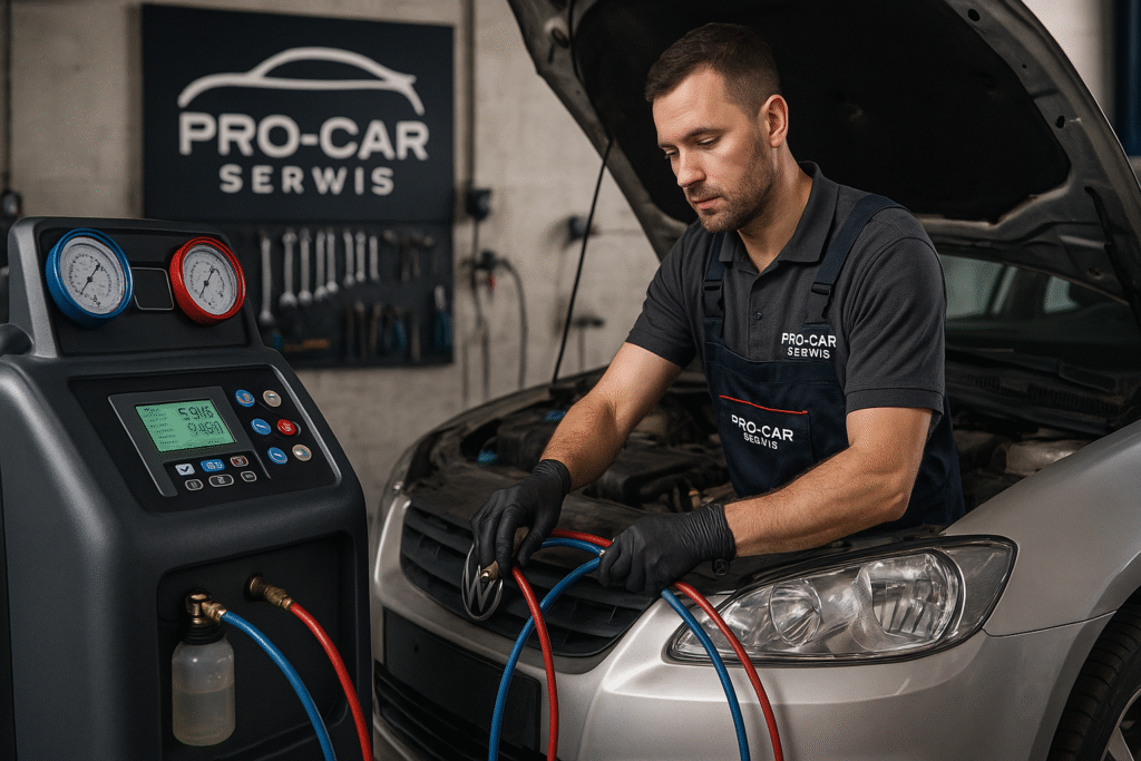 Mechanik Pro-Car Serwis podczas nabijania klimatyzacji w samochodzie osobowym