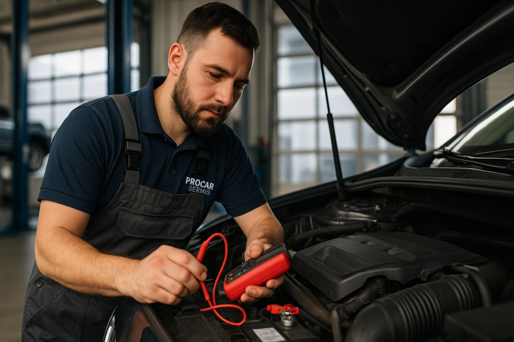 Mechanik sprawdza akumulator w warsztacie Pro-Car Serwis w Rudzie Śląskiej