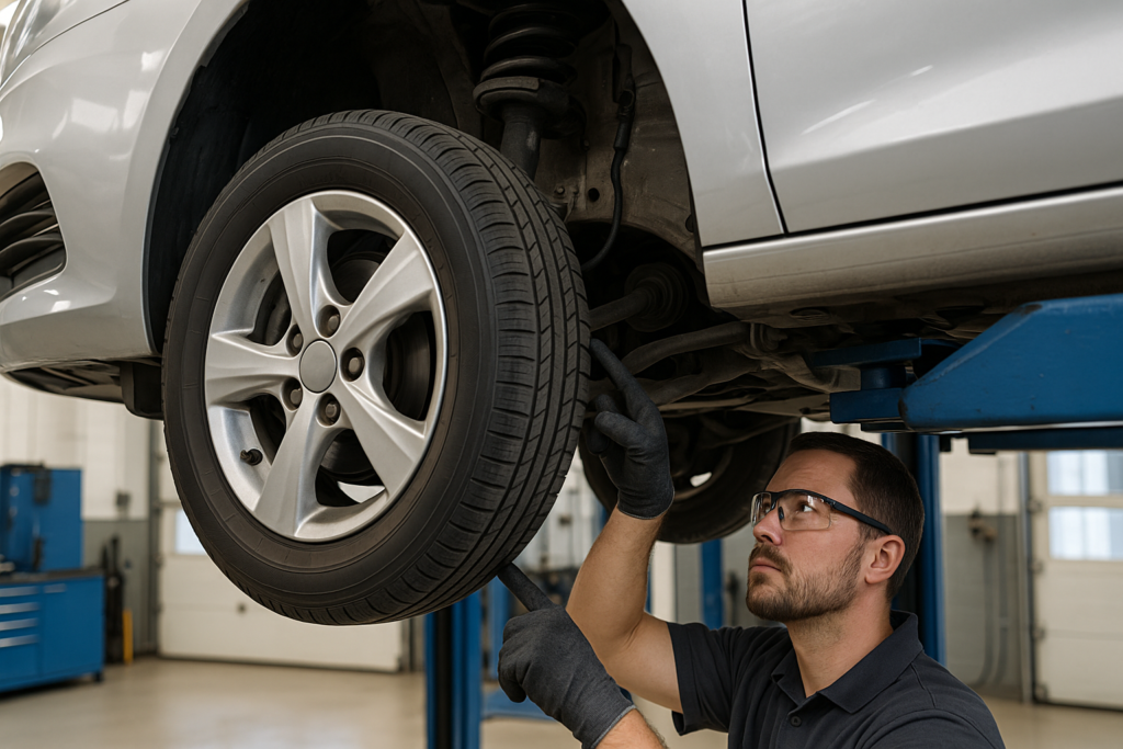 Mechanik sprawdzający zawieszenie samochodu na podnośniku w warsztacie