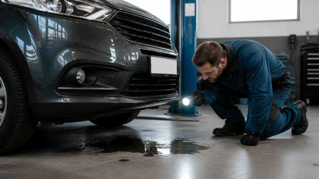 Mechanik sprawdza plamę płynu pod samochodem podczas diagnozy wycieku